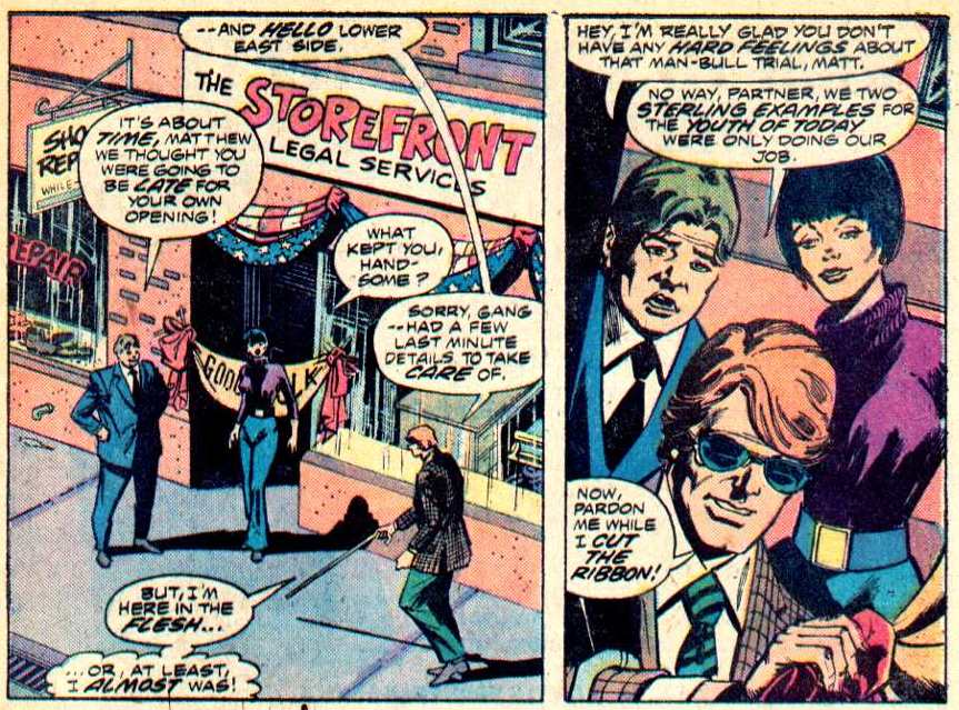 For a long time, Matt and Foggy's friendship had cooled. Foggy had been coerced by Jester to prosecute the Black Widow when she was accused of having caused Scorpion's death, and then, represented in Court by Matt.DD #124DD #130DD #131