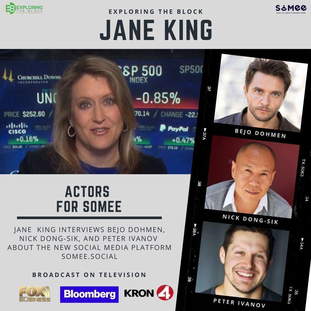 realsocialai's tweet photo. SoMee is proud to announce Actors - Bejo Dohmen, Nick Dong-Sik &amp; Peter Ivanov interviewed with @MarketJane at the @NASDAQ in a segment for @ExploringBlock called Actors For SoMee! See more: https://t.co/cX2w8PksJK
#SocialMediaEvolved #ExploringTheBlock #Blockchain #Cryptocurrency https://t.co/c1ZIi2b0ca