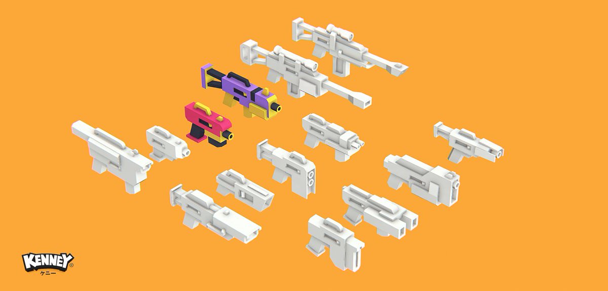 Early preview of the new "Blaster Kit" free #gameassets that'll replace my previous weapon package. They'll be brightly colored and heavily inspired by the foam shooting toy blasters I can't name for legal reasons. Let me know if you've got feedback or suggestions! #gamedev