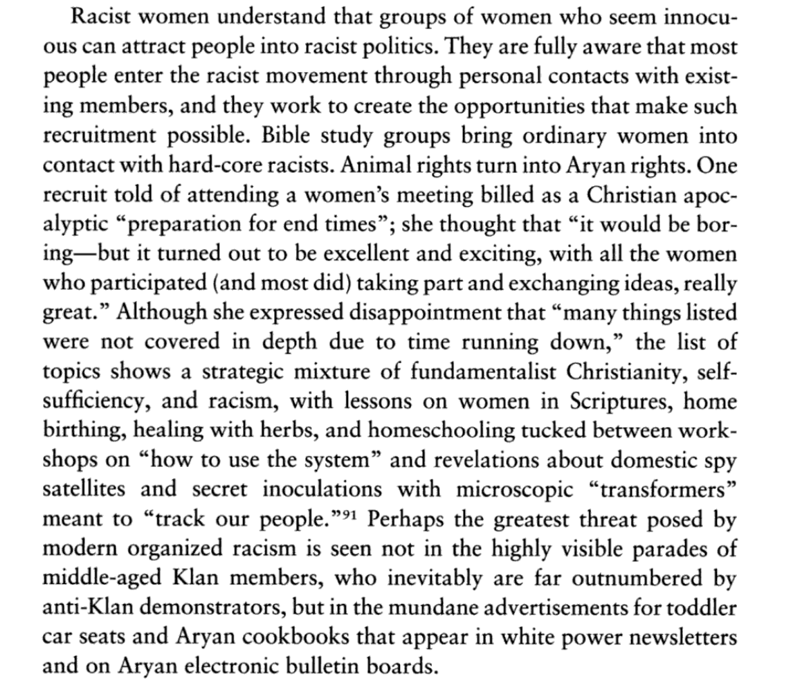 Also, I do realize QAnon isn't entirely about race, but still—Kathleen Blee at Pitt predicted that we were careening toward this precipice back in the early aughts (tihis is a screenshot from her incredible book "Inside Organized Racism"):