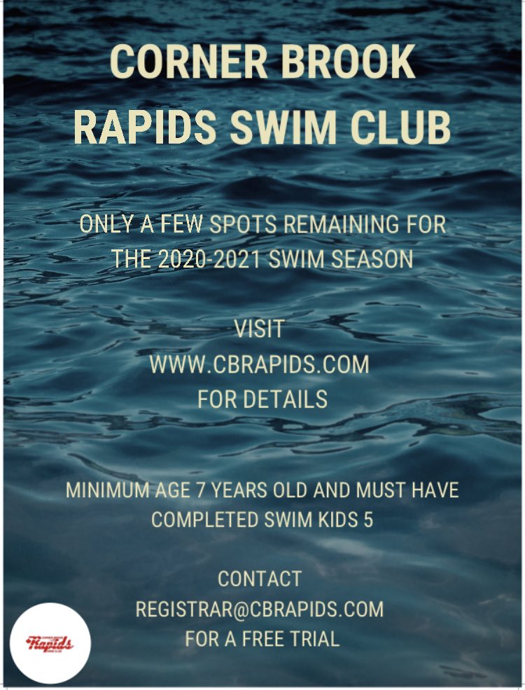 cbrapids's tweet photo. There are a limited number of spots left to register for the @cbrapids swim season. Visit https://t.co/CpBs262mOm or contact Laura at registrar@cbrapids.com for details. #gorapidsgo #cornerbrook #swimnl https://t.co/mn2BZSFiBm