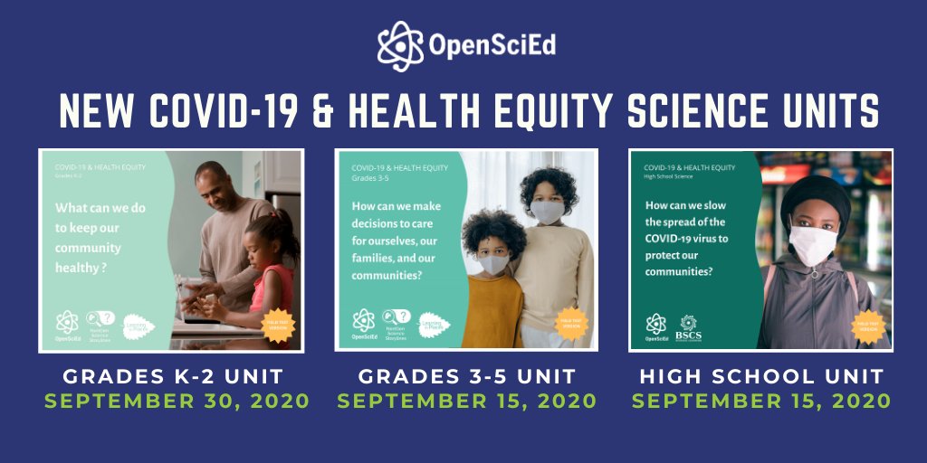 OpenSciEd's tweet photo. We’re excited to share that we have FREE COVID-19 and Health Equity Units for Grades 3-5 and High School Educators launching TOMORROW on our website https://t.co/28h9Bfnn5B! https://t.co/HX7jBVB8Sa
