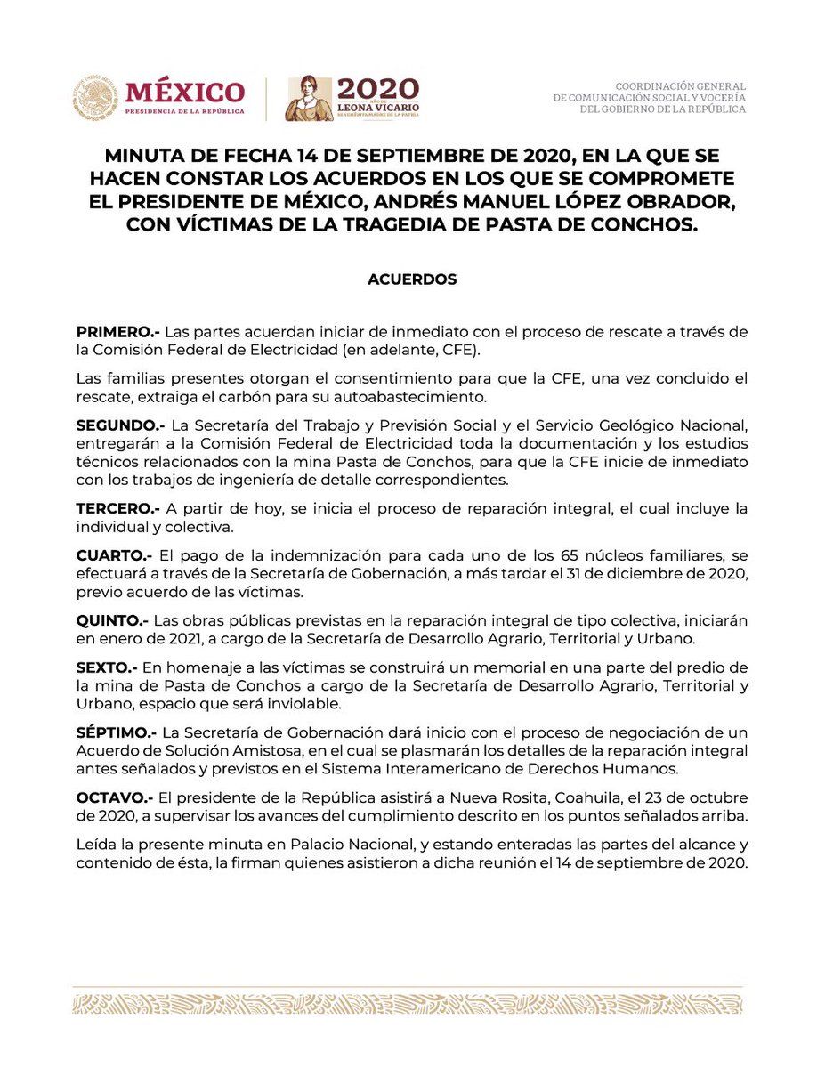 SEGOB_mx's tweet photo. Se ha llegado a un acuerdo por unanimidad entre el presidente de México, @lopezobrador_, el Gobierno de México y los familiares de las víctimas de la tragedia de Pasta de Conchos, el cual se presenta de manera íntegra a la opinión pública.
https://t.co/LqoVvMy6vC https://t.co/COLpXsXIDy