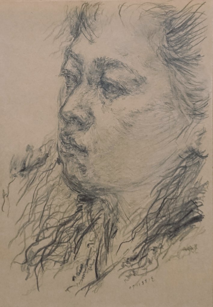 ebisquez's tweet image. 1988 18.1×12.7cmクラフト紙に鉛筆
私の妻、第2弾。

【線・其の38】
最終的には即興演奏と同じである。観て感じたまま(対象・イメージと同化)、つまり線のリズム、流れ、そして画面の臨機応変の組立ての意識・感覚を持って表現する。
その即興演奏が良いか悪いかは、又、別の問題である。