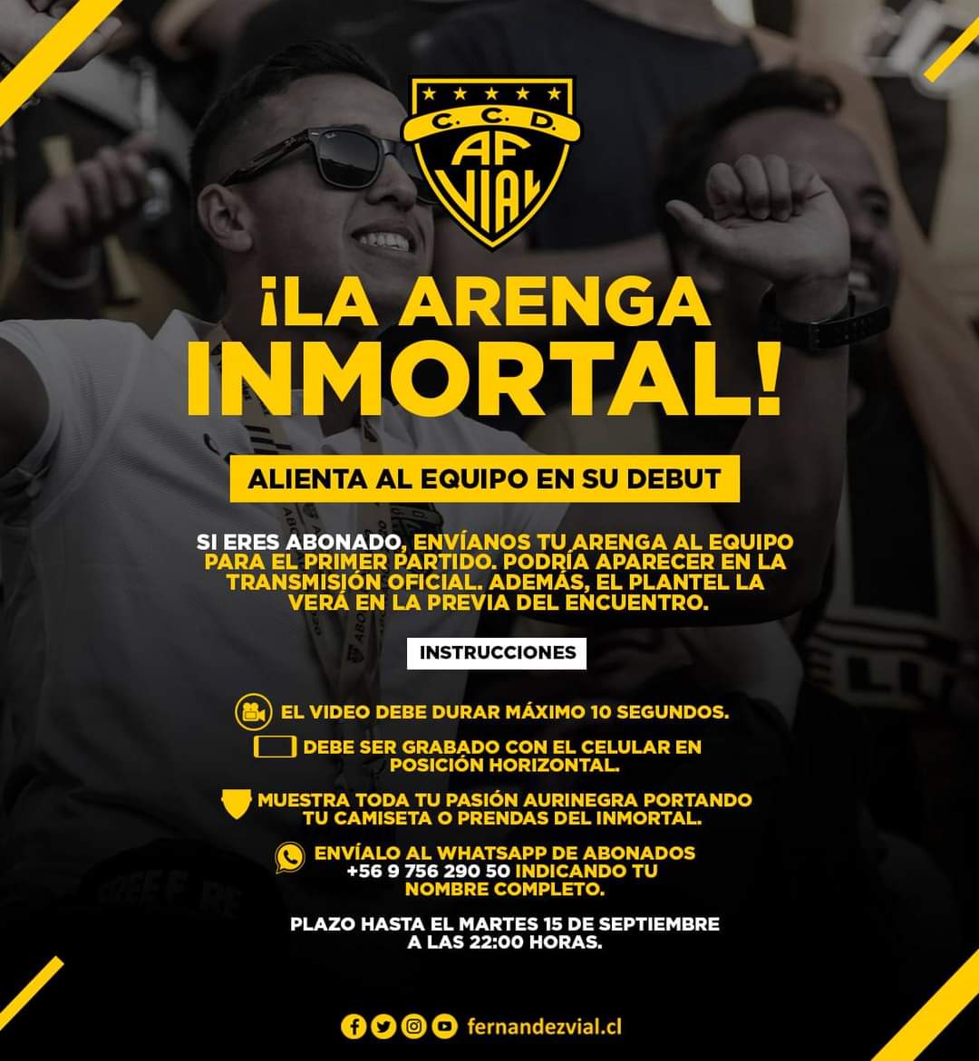 Fernandezvial's tweet photo. LA ARENGA INMORTAL 📣 ¡Abonadas/os! Tú puedes dar tu arenga al equipo 🎉 Graba tu video de max. 10 segundos (formato horizontal) y envíalo al Whatsapp de Abonados +56 9 7562 9050 📲 Podría salir en la transmisión oficial del miércoles 💛🖤

Chat de Wsp 👉 https://t.co/KYMboFnWFv https://t.co/3XQT3KmKPF