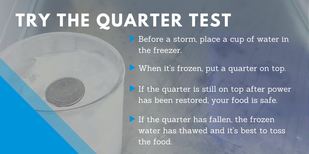 DixieEPA's tweet photo. A common concern during power outages is losing food stored in your freezer. Knowing if your food is safe to keep can be tricky. Try the quarter test! Follow the instructions on the graphic below and visit https://t.co/2xS8OjbfUO for more #hurricaneprepardness tips! #poweron https://t.co/tJIfkEkqhl