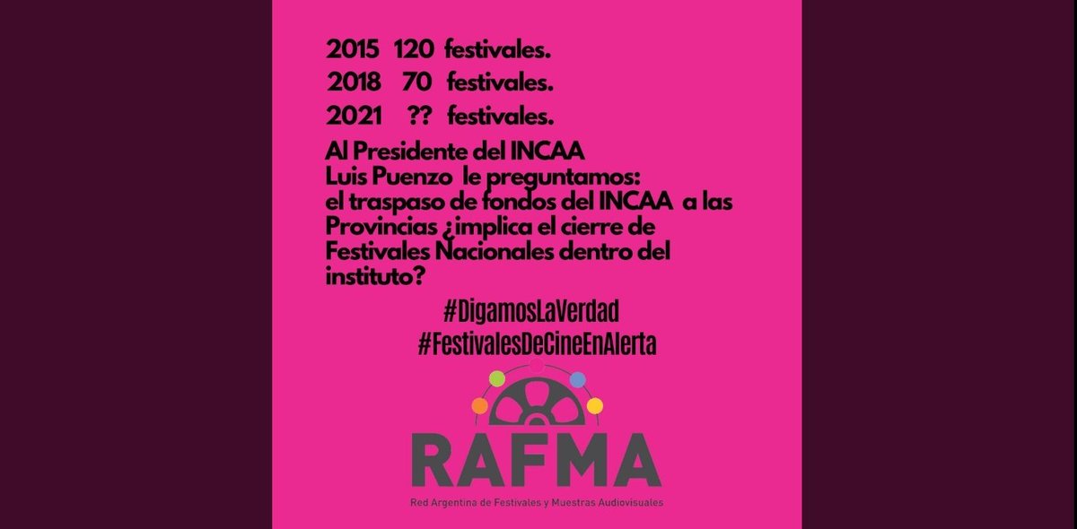 #DigamosLaVerdad
Año 2015-120 festivales /Año 2018-70 festivales/Año 2021 -??? festivales. <a href="/INCAA_argentina/">INCAA</a> #LuisPuenzo le preguntamos: El traspaso de fondos del INCAA a las Provincias, ¿Implica el cierre de Festivales Nacionales dentro del instituto? #FestivalesDeCineEnAlerta