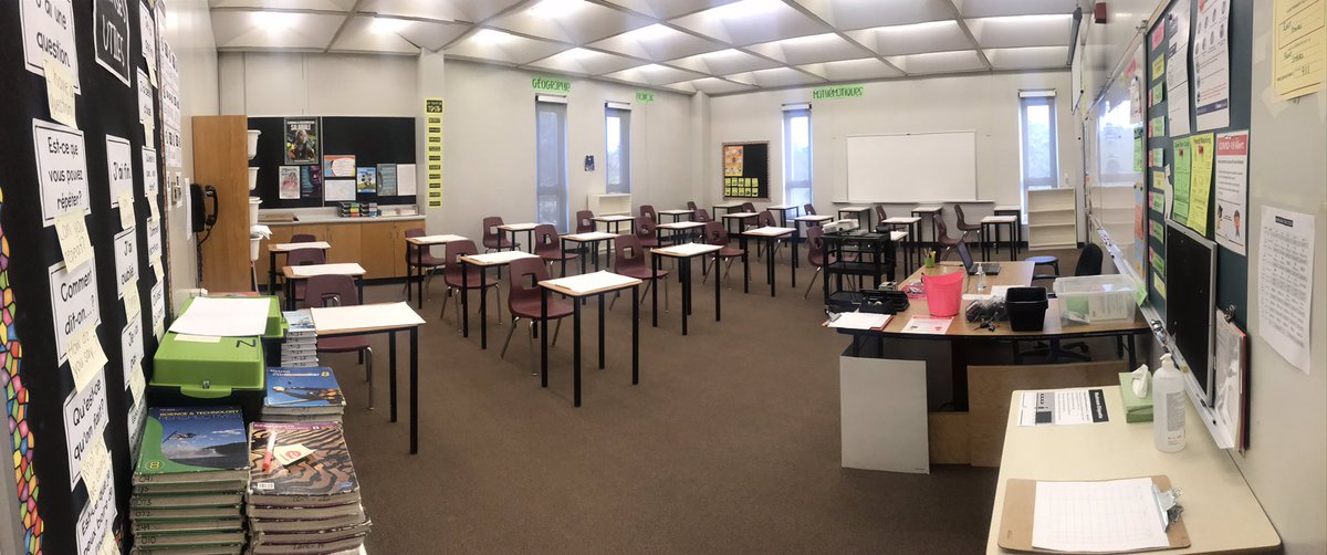 mmemurugiah's tweet photo. However! W/ingenuity only a teacher could have, managed to fit desks for *currently registered* Ss w/mostly 1m (not 2m) distancing. No room for paths/access points &amp; I have NO IDEA what I will do if additional Ss register... #SafeSeptemberON #OntEd #MyClassSize #UnSafeSeptember https://t.co/kINZsS30dc