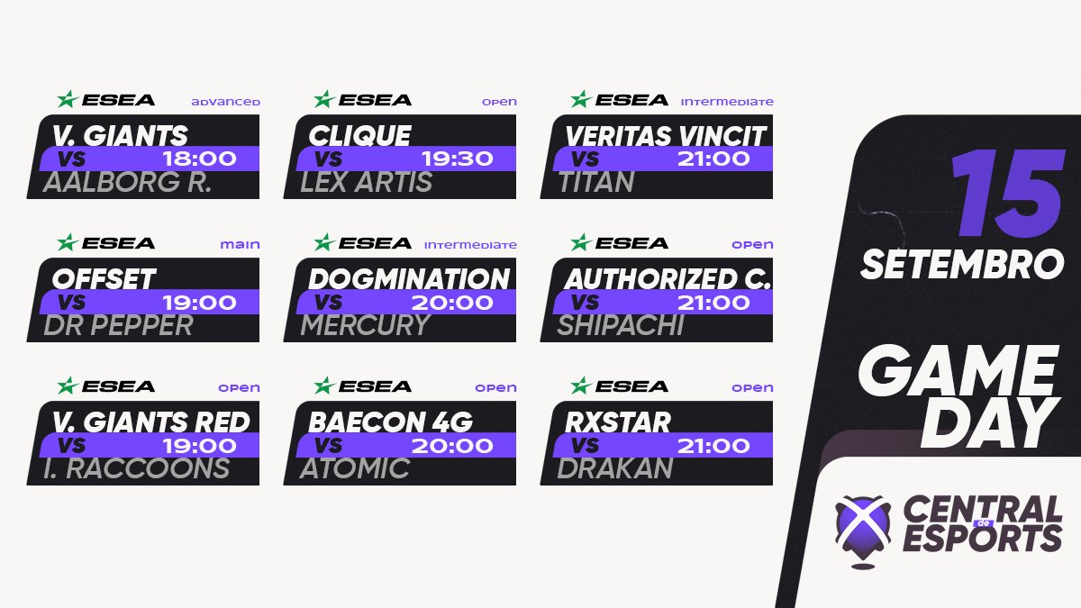 CentralDEsports's tweet photo. HOJE na ๐ @ESEA:
18h00
๐ช๐ธ๐ต๐น @GiantsGaming
19h00
๐ต๐น @Offset_Esports
๐ช๐ธ๐ต๐น @GiantsGaming.Red
19h30
๐ฌ๐ง๐ต๐น @Clique_GG
20h
๐ช๐ธ๐ต๐น @DogminationOrg
๐ต๐น @BaeconGG.4Gaming
21h
๐ต๐น @VERITASVINCITgg
๐ต๐น @AuthorizedClass
๐ต๐น #rxstar
#CDEgameday https://t.co/YxeacbbSYE