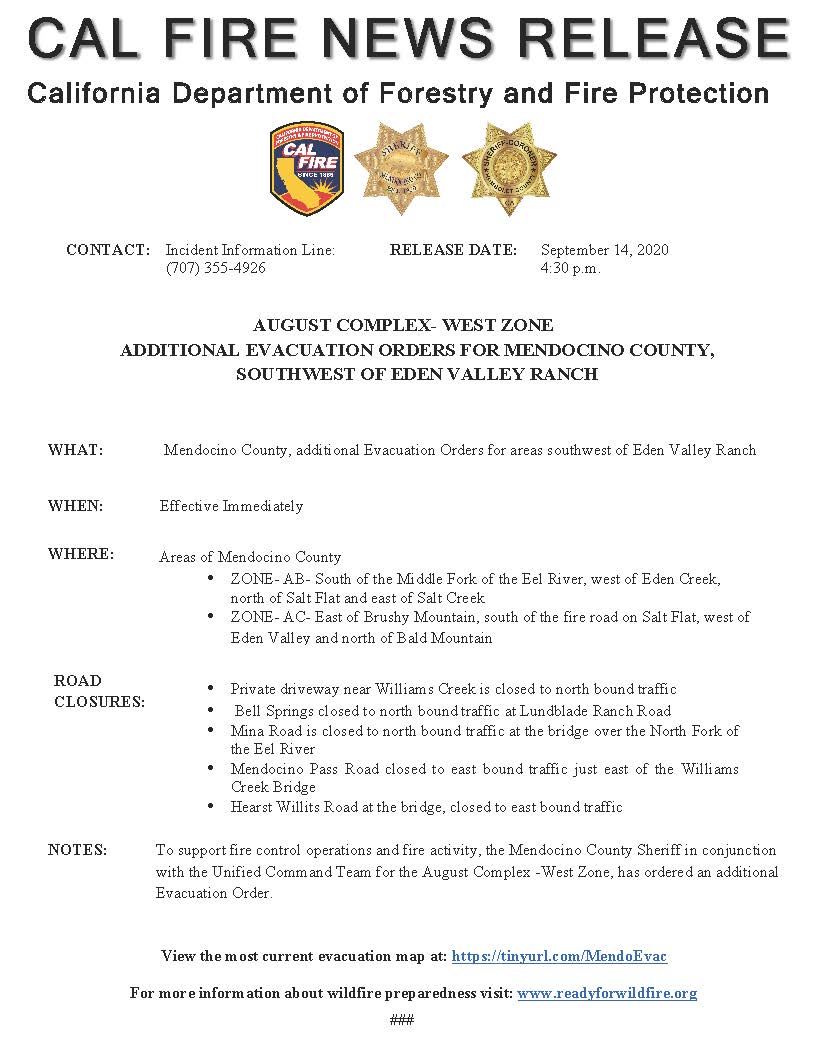 MendoSheriff's tweet photo. PLS RT - EVACUATION ORDER - area expansion - #AugustComplexWestZone
Additional Evacuation Orders for Mendocino County,
Southwest of Eden Valley Ranch https://t.co/3xjWna7yl1