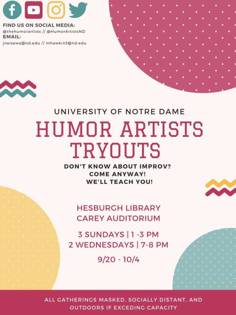 HumorArtistsND's tweet photo. Hey you! Do you want to learn about improv? Come and audition for the Humor Artists! No experience necessary!! Five sessions of (socially distanced and safe) fun await :) Hope to see you at our first session THIS SUNDAY from 1-3 pm in Carey Auditorium! https://t.co/hfVpPT9n5G