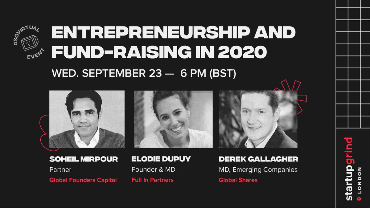 Clear your schedule for this must-see #SGVirtualEvent! 🗓

<a href="/StartupGrindLD/">Startup Grind London</a> is hosting a panel for Securing Funding in 2020 with Soheil Mirpour, Partner at GFC, Elodie Dupuy, Founder at Full In Partners, and Derek Gallagher from Global Shares

RSVP here: bit.ly/2ZDoSTV