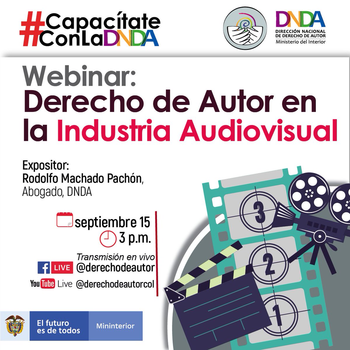 Derechodeautor's tweet photo. ¿Eres creador de videos, cortometrajes o películas y buscas proteger tus creaciones?

Te esperamos este 15 de septiembre a las 3 p.m. en la #CharlaVirtual: Generalidades del #DerechoDeAutor en la industria audiovisual.
 
🎥Inscríbete aquí: https://t.co/O64BDIYqb4 https://t.co/oeGh9vgQyw