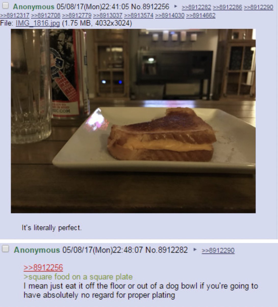 I think a lot about this 4chan comment about a grilled cheese