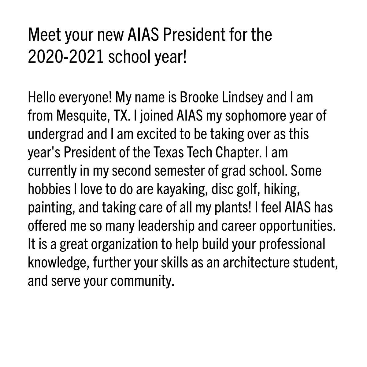 Texas_Tech_AIAS's tweet photo. Meet your new AIAS President for the 2020-2021 school year! https://t.co/MCketTCydW