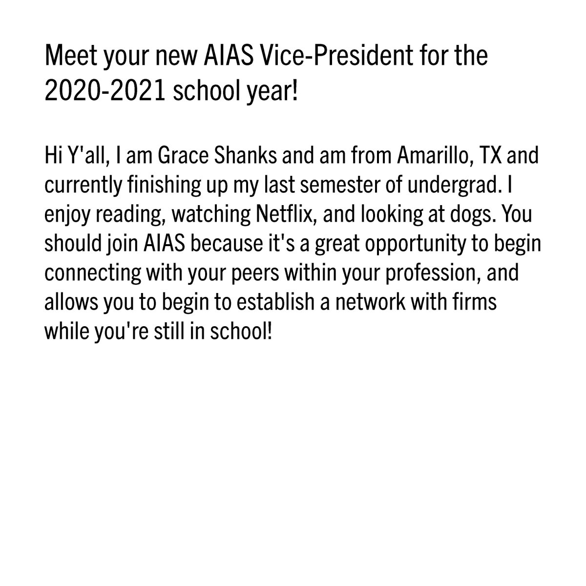 Texas_Tech_AIAS's tweet photo. Meet your new AIAS Vice-President for the 2020-2021 school year! https://t.co/zrHtjNuXlW