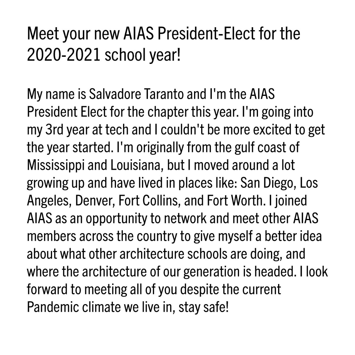 Texas_Tech_AIAS's tweet photo. Meet your new AIAS President-Elect for the 2020-2021 school year! https://t.co/LBgmorzEaJ
