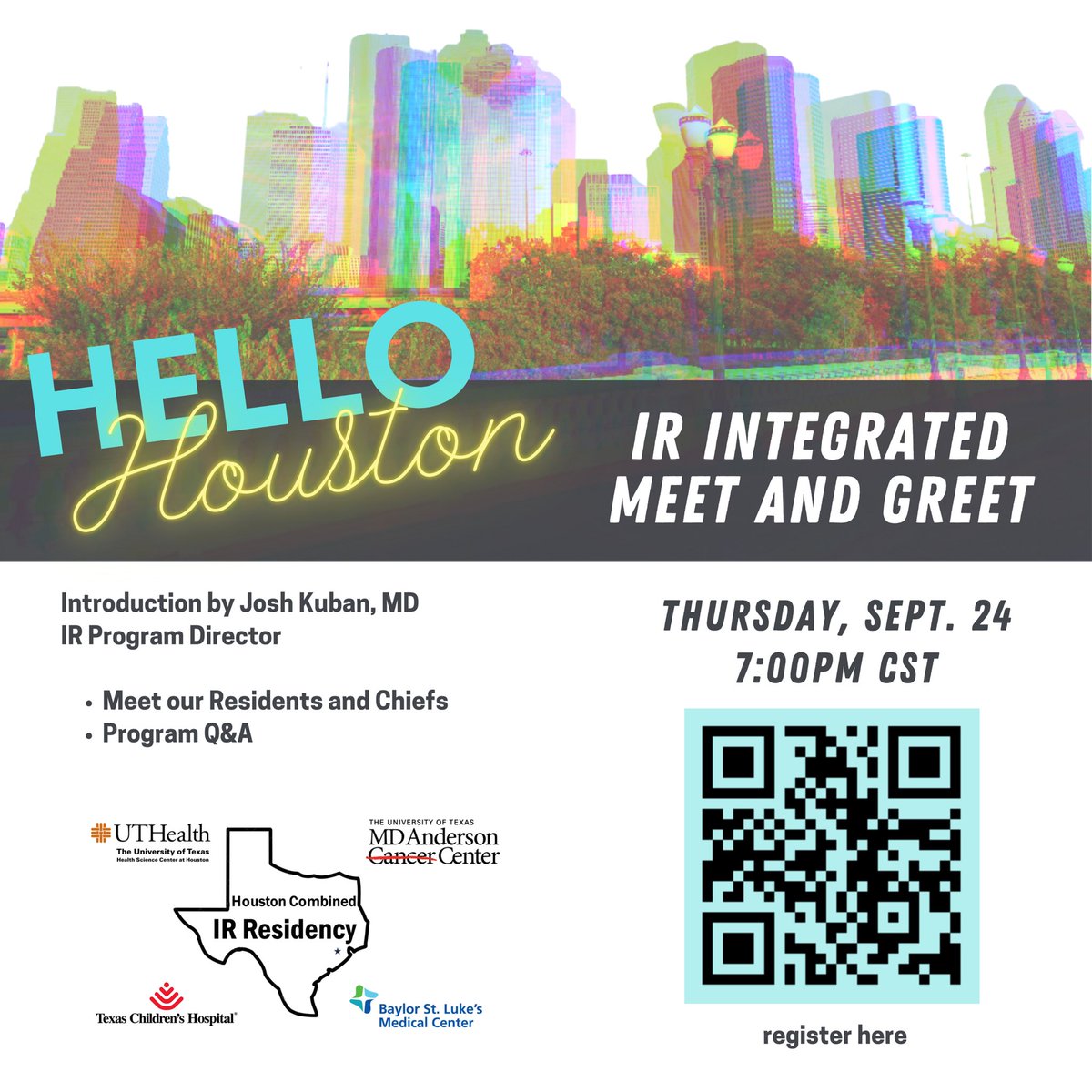 Don’t miss the upcoming Meet and Greet for MDA/UTH’s Integrated IR program NEXT Thursday! #IRintegratedmatch2021 #matchday2021 #IamIR #sirrfs #mdandersonIR #UTHIR #hellohouston