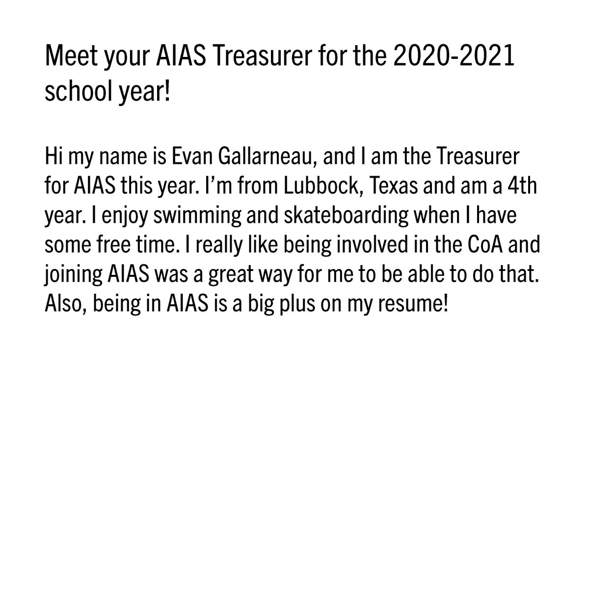 Texas_Tech_AIAS's tweet photo. Meet your AIAS Treasurer for the 2020-2021 school year! https://t.co/qe2kii3BQB