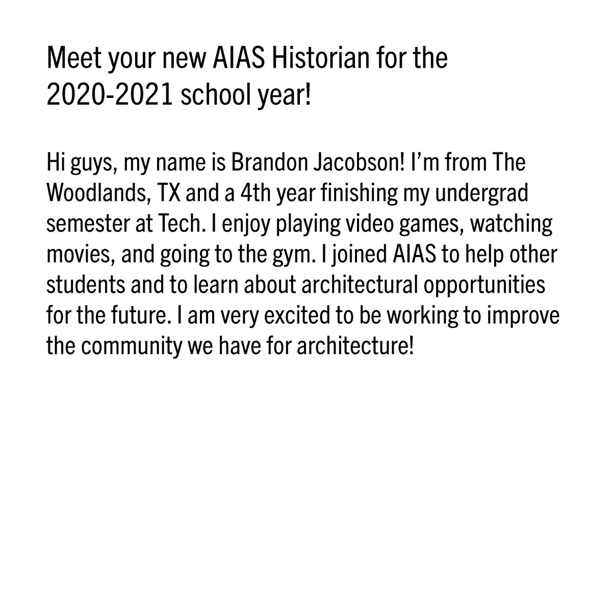 Texas_Tech_AIAS's tweet photo. Meet your new AIAS Historian for the 2020-2021 school year! https://t.co/FgiuqeQBTQ