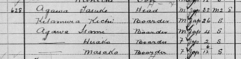 This must be a first: the wife (Kichi) of the head of household (Tasuke) is listed as a male boarder under her maiden name, with their children all listed as boarders as well. Wonder why this family was enumerated this way...