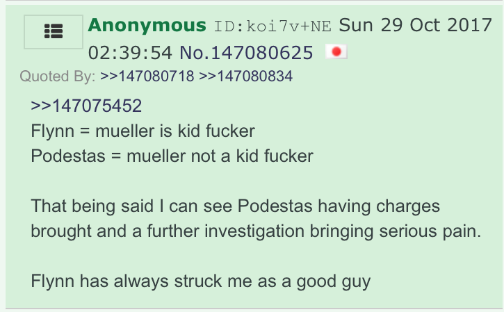 That sets the tone for the rest of the thread, which (at the risk of beating a dead horse) is once again dripping with proof that all of Q's themes were popular on 4chan before he came along.We can't stress enough how often that fact slaps a reader in the face. It's blatant.