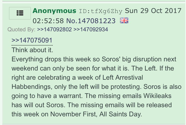 That sets the tone for the rest of the thread, which (at the risk of beating a dead horse) is once again dripping with proof that all of Q's themes were popular on 4chan before he came along.We can't stress enough how often that fact slaps a reader in the face. It's blatant.