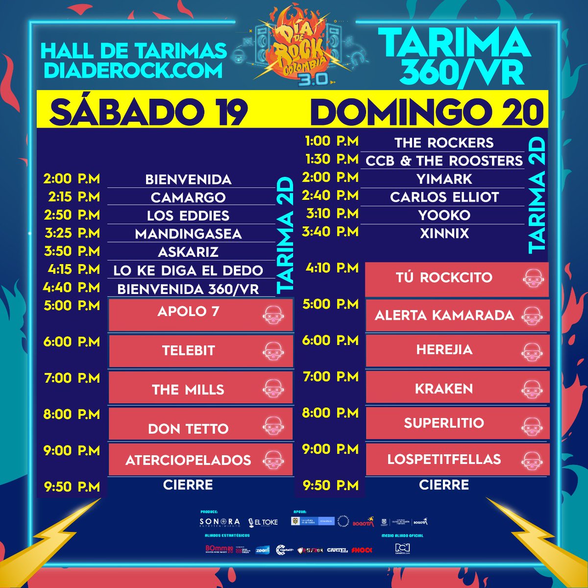 Horario del <a href="/diaderockcol/">Festival Día de Rock</a>
Fuego. Estamos a 6 días Festival Dia de Rock Colombia Es momento de preparar el fin de semana con más Rock! 19 y 20 de septiembre! Conéctate en diaderock.com Te presentamos oficialmente los HORARIOS DE TRANSMISIÓN
Herejía @Herejia_Co 6:00 pm