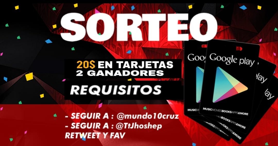 MEGA SORTEO DE 20 USD EN TARJETAS GOOGLE PLAY 2X GANADORES
⚠️REQUISITOS⚠️
✅SEGUIRME
✅SEGUIR <a href="/TtJhosep/">Jhosep</a>
✅DAR 🔁 y ❤️
Ganadores en 3 días