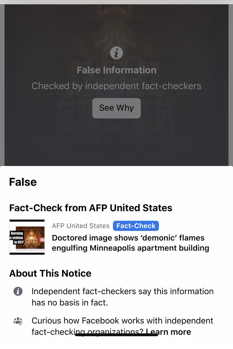 On May 31 of this year, the “Mass Hysterectomy” “Whistleblower” shared this doctored image by “Rhonda Antifa” [sic] that was censored by  @Facebook. The notice explained it appeared to be a church engulfed in “demonic flame”.