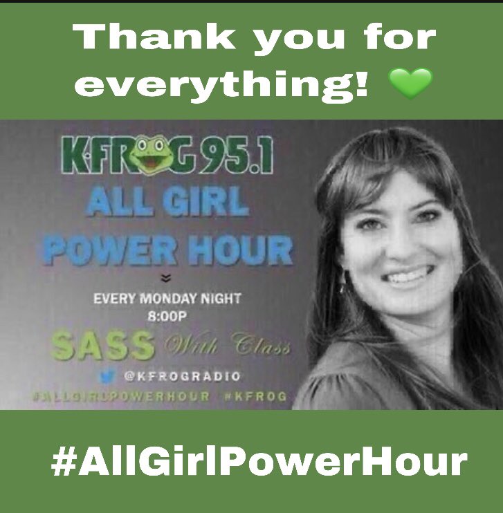 NettlesNation's tweet photo. On behalf of all of the listeners of the #AllGirlPowerHour on @KFROGRadio, we want to thank you, @KFrogPepper, for your unwavering support for #WomenofCountry! We truly appreciate every single song you ever played, more than you know! End of an era! We will always love you! ๐๐ https://t.co/OqfcCGfDs9