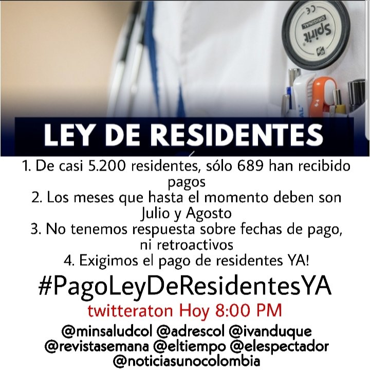 ANIRNACIONAL's tweet photo. Nos sumamos a esta iniciativa para exigir el cumplimiento del pago de residentes. 
Hoy 8pm 
#PagoLeyDeResidentesYA https://t.co/FXsyj9OD7W