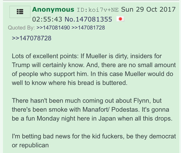 But most anons sat comfortably back in the Conspiracy Zone, praising Trump and suggesting he was the victim of a conspiracy involving Communists, or "Luciferians", or pedophiles. Like we said: sounds familiar, right?