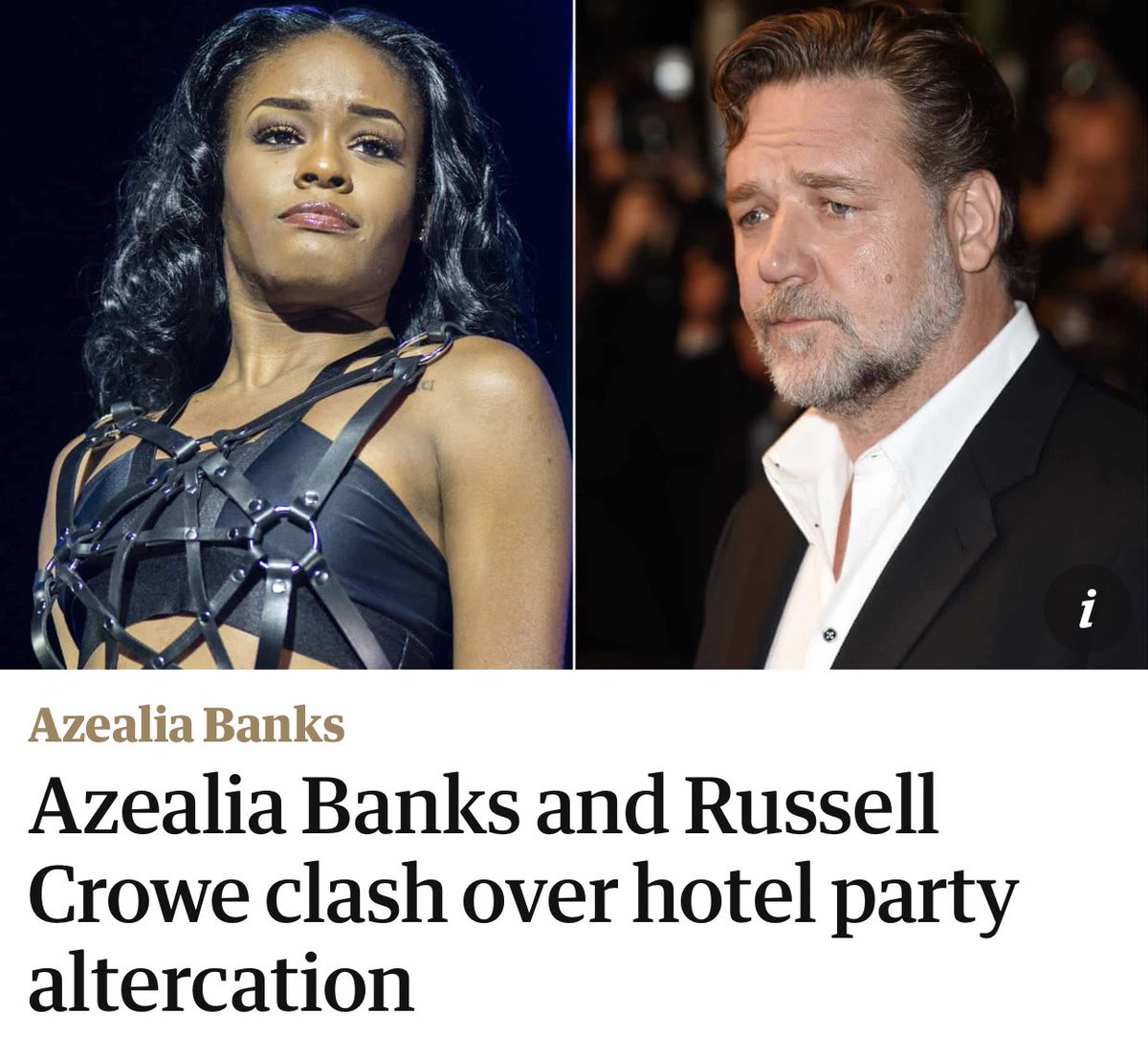 since we are discussing racist white men in Hollywood... i would like to remind everyone that  @russellcrowe called Azealia an n word and spit in her face. Regardless on your views of Azealia, if he’s willing to do that to a FAMOUS person imagine what he does to others