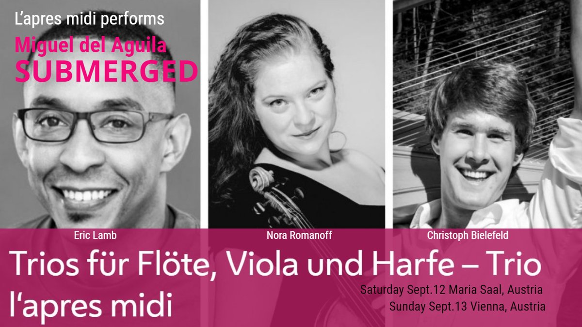 MigueldelAguil's tweet photo. Congratulations #Trio #Lapresmidi for last week's two great Austrian performances of my #SUBMERGED in #Vienna and #MariaSaal - #EricLamb, #flute #NoraRomanoff, #viola #ChristophBielefeld, #harp https://t.co/vwJ34oqHzS