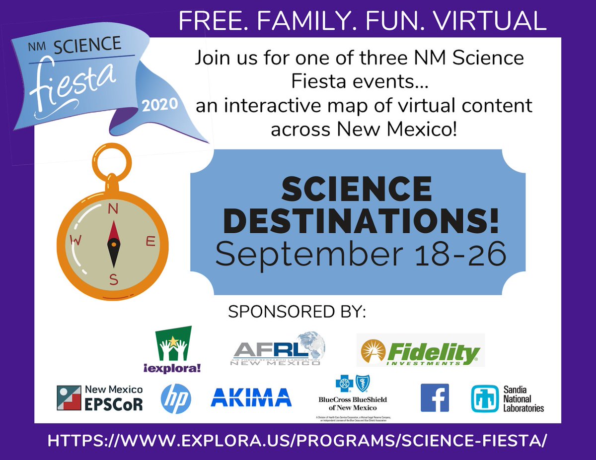 ExploraNM's tweet photo. NM Science Fiesta 2020 Science Destinations kick off this Friday with an interactive map that includes links to videos, activity cards, and other content provided by STEAM sites throughout NM. It's a fun, creative way for New Mexicans to experience the many facets of STEAM! https://t.co/PDRNUsjUWW