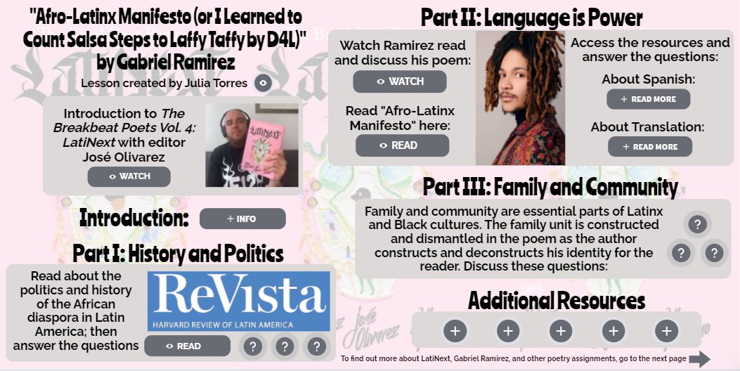Scott Bayer #THEBOOKCHAT co-founder (@lyricalswordz) on Twitter photo #THEBOOKCHAT is excited to bring you a series of poetry lessons on LatiNext. Todayās is on the poem āAfro-Latinx Manifestoā by <a href="/RamirezPoet/">Gabriel Ramirez</a> & was created by <a href="/juliaerin80/">Julia E. Torres (MAEd., MA, MLIS)</a>, co-founder of #DisruptTexts
Interactive image: bit.ly/Ramirez_Manifeā¦
Lesson: bit.ly/Ramirez_Lesson #THEBOOKCHAT is excited to bring you a series of poetry lessons on LatiNext. Todayās is on the poem āAfro-Latinx Manifestoā by <a href="/RamirezPoet/">Gabriel Ramirez</a> & was created by <a href="/juliaerin80/">Julia E. Torres (MAEd., MA, MLIS)</a>, co-founder of #DisruptTexts
Interactive image: bit.ly/Ramirez_Manifeā¦
Lesson: bit.ly/Ramirez_Lesson