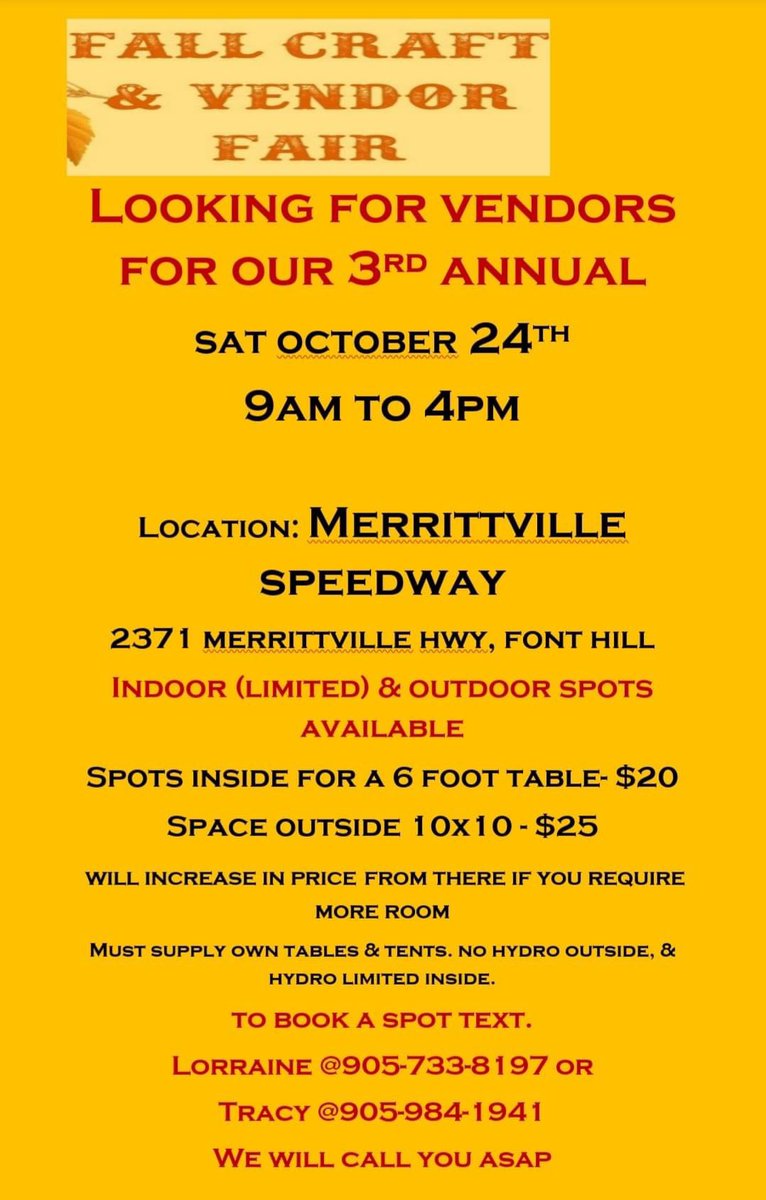 Merrittville's tweet photo. We are getting closer to our Craft and Vendor Fair along with our Swap Meet (October 24). We have our new hall which is beautiful and will have 13 different vendors spaced 6 feet apart and room for guests to socially distance. Concessions will be available! https://t.co/2PgkbJvPIc