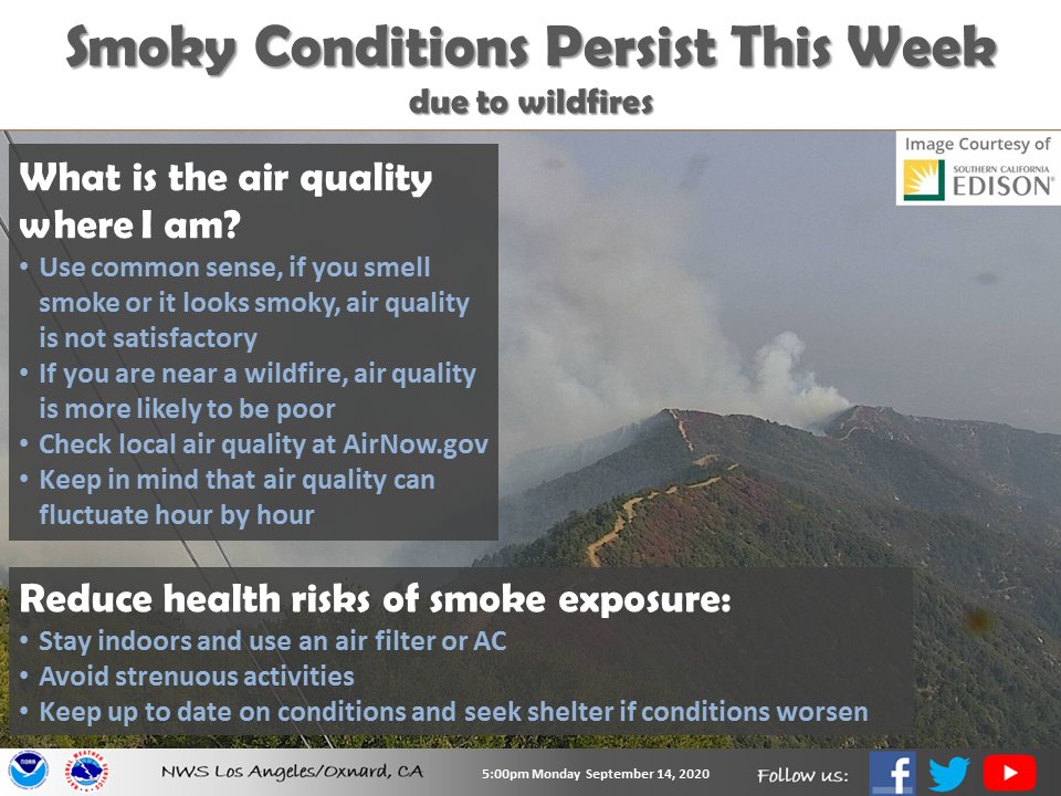 NWSLosAngeles's tweet photo. Smoky conditions persist over the area with fires to the north and south of us, and the Bobcat fire putting out large amounts of smoke. If it smells like smoke, take precautions and limit your time outside! Protect children, elderly, and sensitive populations. #casmoke #cawx https://t.co/u7P8l2P0jY