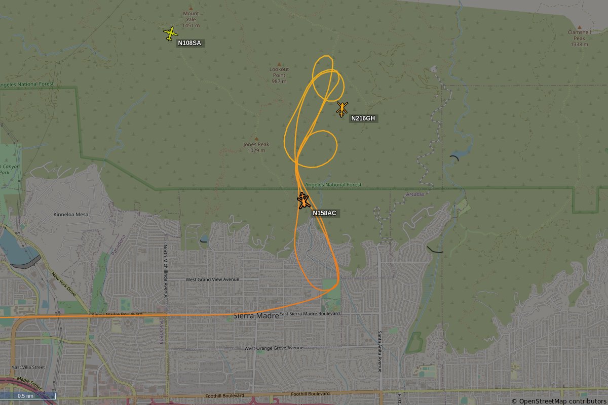 SkyCirclesLA's tweet photo. N158AC, a Sikorsky S-64-F, (callsign N158AC) is circling over Los Angeles County at 2275 feet, speed 77 MPH, squawking 1255, 0.03 miles from Little Santa Anita Creek #N158AC https://t.co/B6pWN898F3 https://t.co/sScnVebk5Q