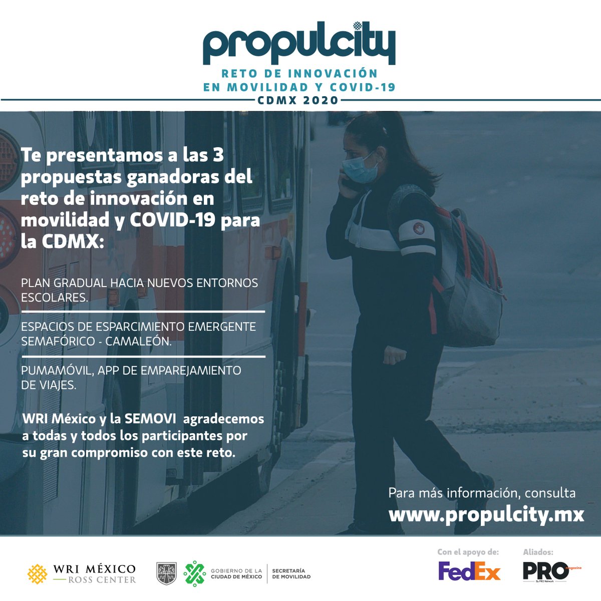 Después de un proceso muy riguroso de evaluación, estamos muy contentos de anunciar a las 3 soluciones ganadoras del #RetoMovilidadyCovidCDMX.
Gracias a todos los equipos que participaron con gran esfuerzo y dedicación. 
¡FELICIDADES!