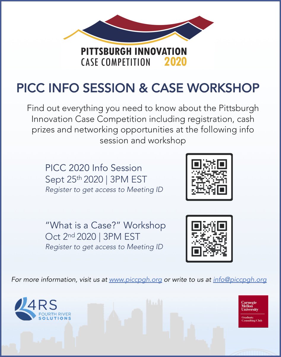 PICC2020's tweet photo. Find out everything you need to know about the Pittsburgh Innovation Case Competition including registration, cash prizes and networking opportunities at the following info session (September 25th) and workshop (October 2nd): https://t.co/ephAYvj3Zc
