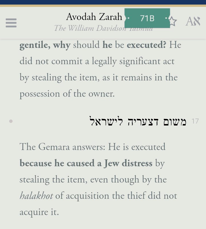 But these other thieves executed!Why? "The Gemara answer: He is executed because he caused a jew distress"Avodah Zarah Talmud Thread Tweet