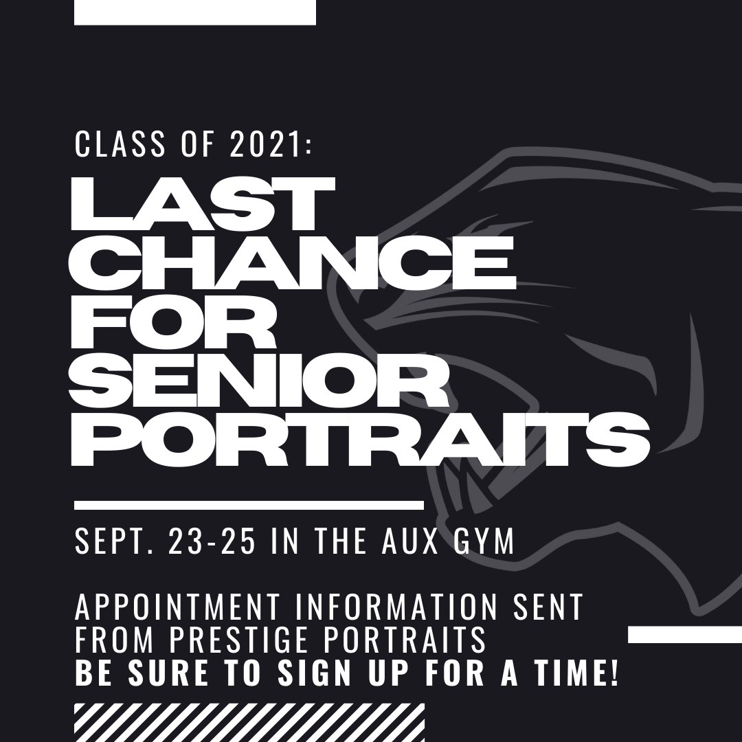 SENIORS! Your last chance for senior portraits is coming up NEXT WEEK! Prestige Portraits/Lifetouch is emailing and mailing scheduling info home to you. You must sign up for your date and time!! Don't forget! Call 800-445-1189 if you do not receive info from them.