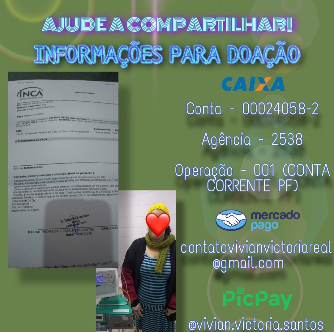 viviansimplini's tweet photo. @whindersson Desculpe o incômodo, estamos em desespero! Minha mãe se encontra com um tumor colo-uterino e precisamos seguir com seu tratamento, muito intensivo. Suplicamos por ajuda nesse momento, não sabemos mais como prosseguir. Se alguém puder ajudar entra em contato. 
MARQUEM QUEM PUDER https://t.co/eaIlDg5PNg
