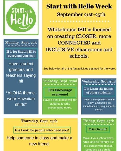 Start with HELLO week is next week! Get connected with our daily themed!