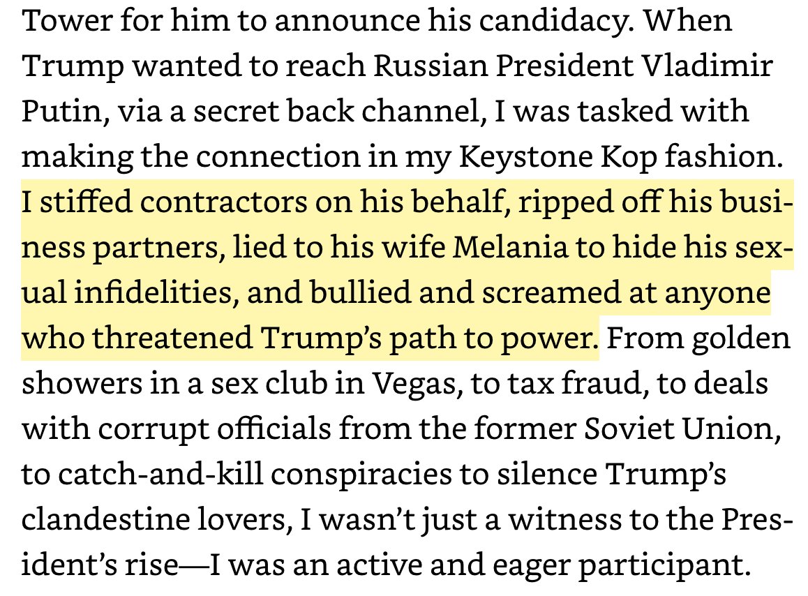 2/ Cohen doesn’t expect us (liberals, Democrats, and Trump critics) to like him, but he hopes we’ll learn from his experience how TrumpWorld operates.For 10 years, Cohen was an ‘active and eager participant’ in Trump’s ugly behavior: