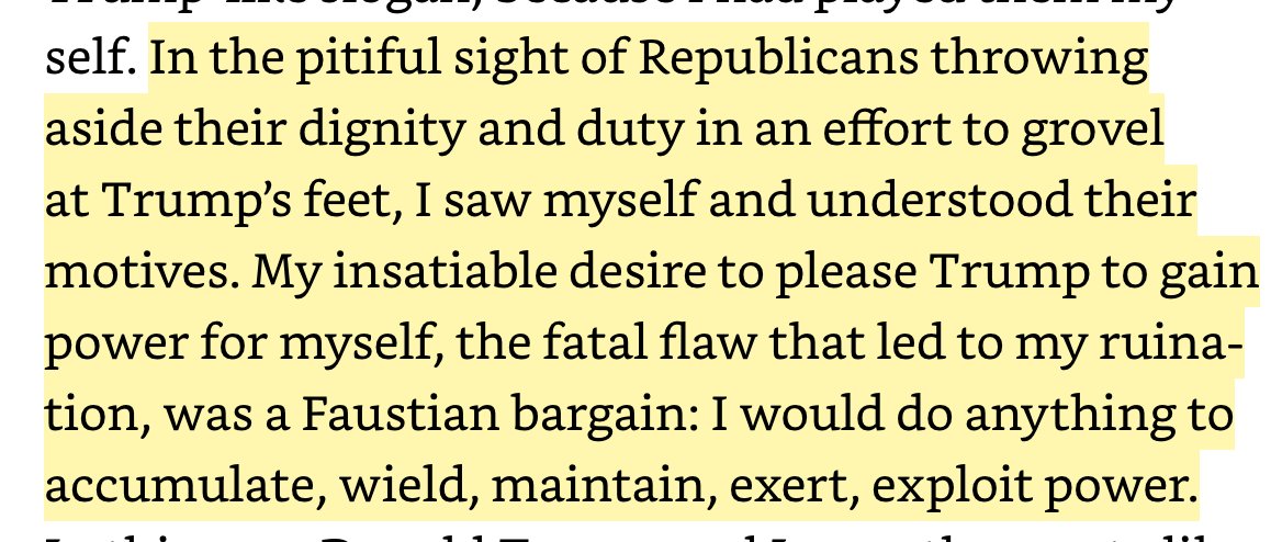 3/ Cohen explains why people lie and cheat for Trump (Screenshot #1)It's a Faustian bargain: Grovel at Trump's feet, and be rewarded with power, and invited into a world of wealth and glamour. (Screenshot #2)