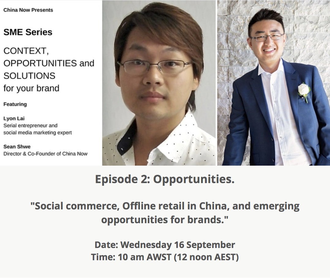 Episode 2: Opportunities.
"Social commerce, Offline retail in China, and emerging opportunities for brands."
Date: Wednesday 16 September
Time: 10 am AWST (12 noon AEST)

Hosted by: ACBC
acbc.com.au 

Get tickets Now:
lnkd.in/g9QtkYz

#chinamarket