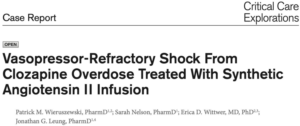 Patrick Wieruszewski (@pwierusz) on Twitter photo Angiotensin II for rescue of profound shock in patient presenting following massive clozapine overdose in <a href="/CritCareExplore/">Critical Care Explorations</a> <a href="/SCCM/">SCCM</a>
journals.lww.com/ccejournal/Ful…
<a href="/MayoAnesthesia/">Mayo Clinic Department of Anesthesiology</a> <a href="/MayoClinicEM/">Mayo Clinic Emergency Medicine</a> <a href="/MayoPCCM/">MayoPCCM</a> <a href="/EricaWittwer/">Erica Wittwer</a> @JonathanGLeung <a href="/sarahleungrx/">Sarah Leung</a> <a href="/MayoPharmRes/">Mayo Clinic Pharmacy Residency Programs</a> #MayoAnesResearch #AngII Angiotensin II for rescue of profound shock in patient presenting following massive clozapine overdose in <a href="/CritCareExplore/">Critical Care Explorations</a> <a href="/SCCM/">SCCM</a>
journals.lww.com/ccejournal/Ful…
<a href="/MayoAnesthesia/">Mayo Clinic Department of Anesthesiology</a> <a href="/MayoClinicEM/">Mayo Clinic Emergency Medicine</a> <a href="/MayoPCCM/">MayoPCCM</a> <a href="/EricaWittwer/">Erica Wittwer</a> @JonathanGLeung <a href="/sarahleungrx/">Sarah Leung</a> <a href="/MayoPharmRes/">Mayo Clinic Pharmacy Residency Programs</a> #MayoAnesResearch #AngII